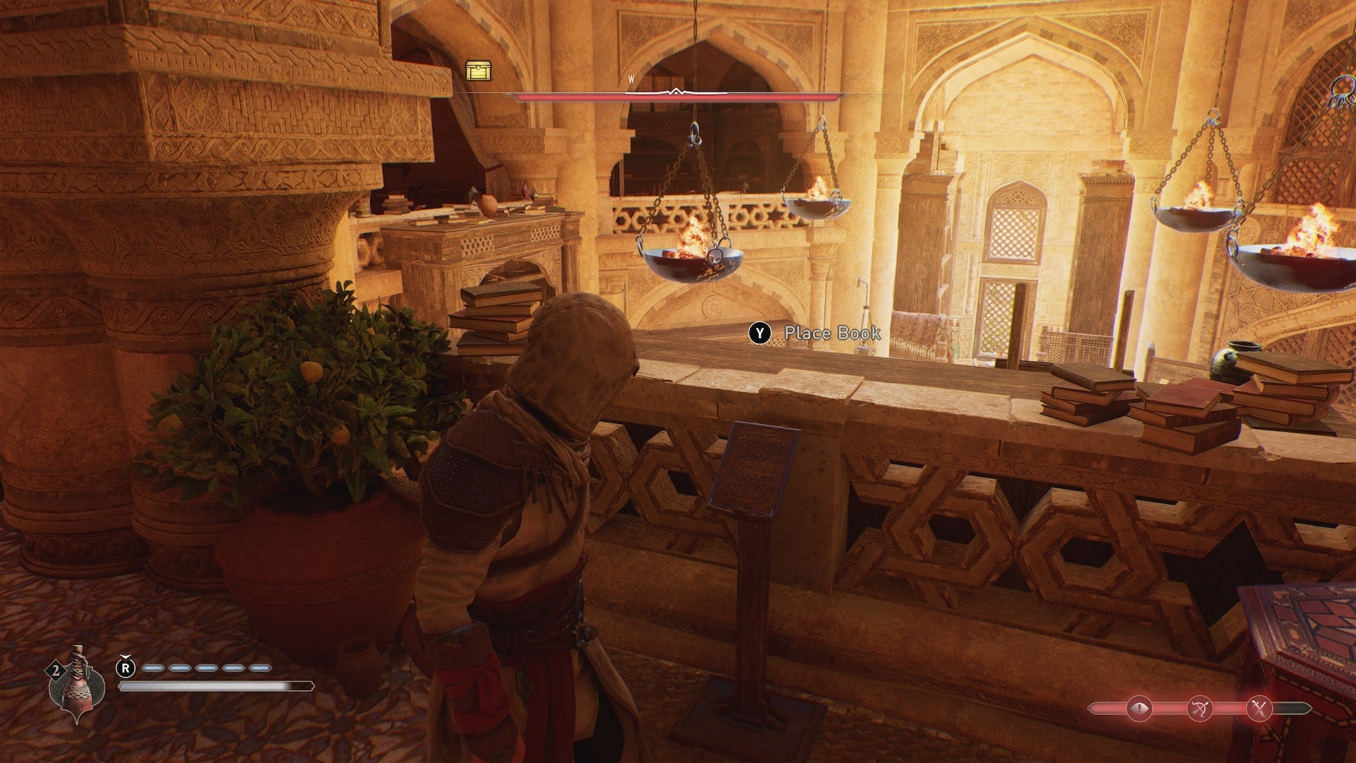 Basim faces a podium for a book to be placed on in Qabiha&rsquo;s library in Assassin&rsquo;s Creed Mirage