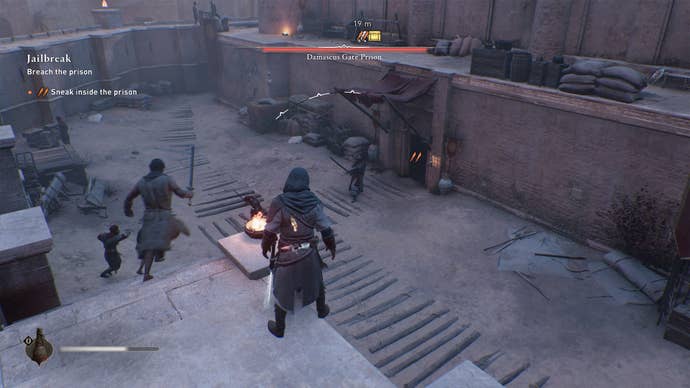 Basim hires mercenaries to fight the Damascus Gate Prison guards in Assassin’s Creed Mirage