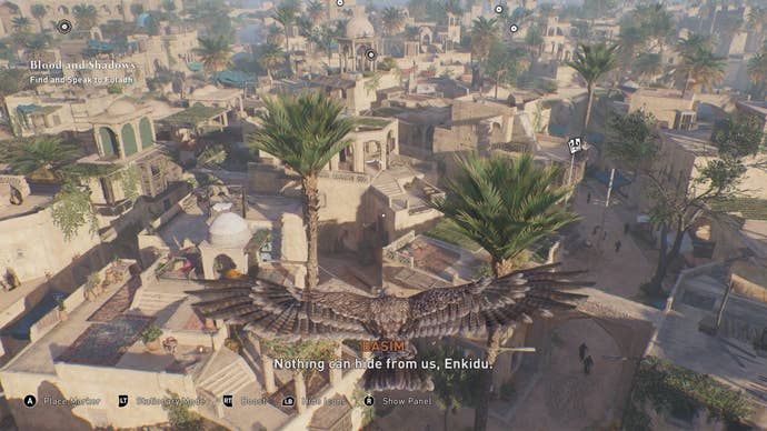 Basim’s bird, Enkidu, flies over Baghdad in Assassin’s Creed: Mirage