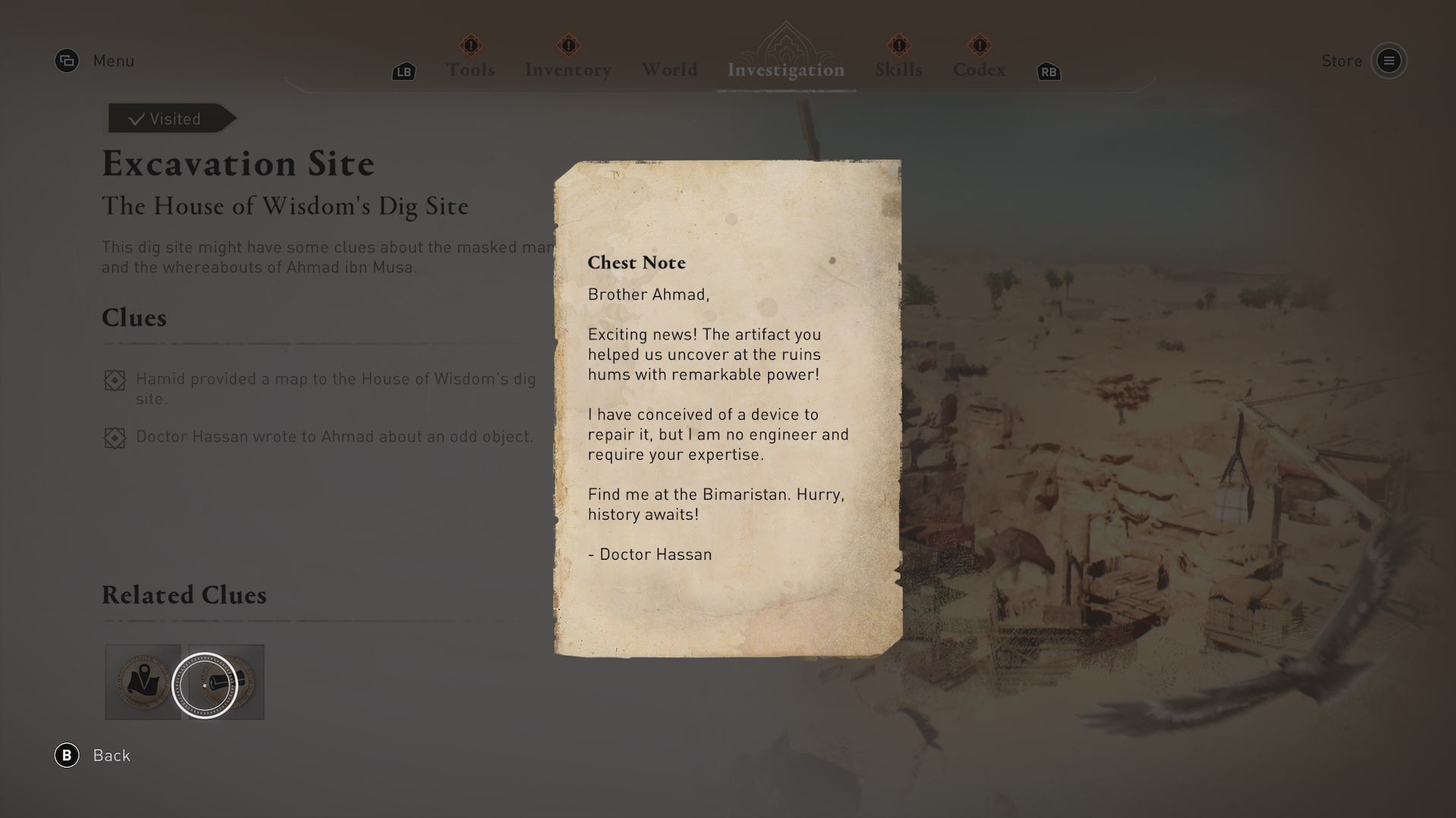 A letter found at the Excavation Site by Basim, which tells Ahmad to go to the Bimaristan in Assassin&rsquo;s Creed Mirage