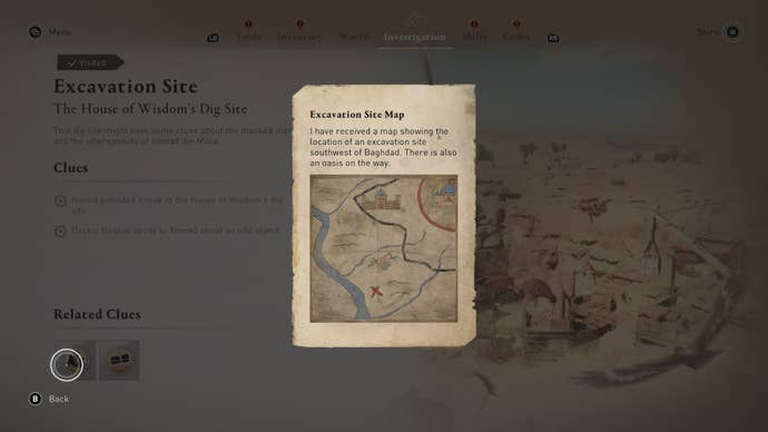 A small map showing where Basim can find an excavation site in Assassin’s Creed Mirage