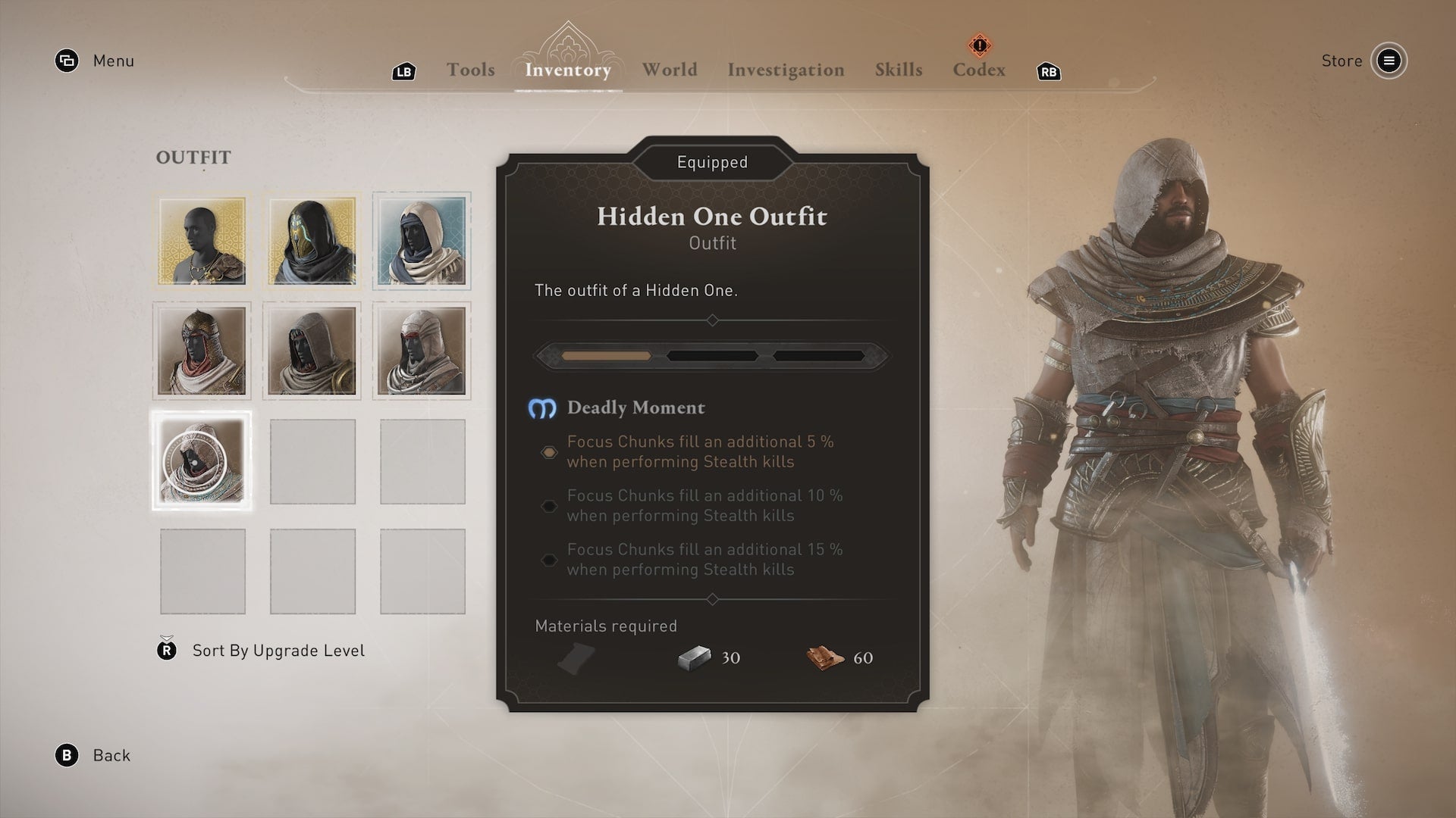 Basim wears the Hidden One outfit in the inventory menu in Assassin&rsquo;s Creed Mirage