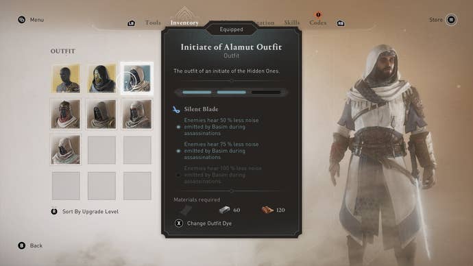 Basim wears the Initiate of Alamut outfit in the inventory menu in Assassin’s Creed Mirage