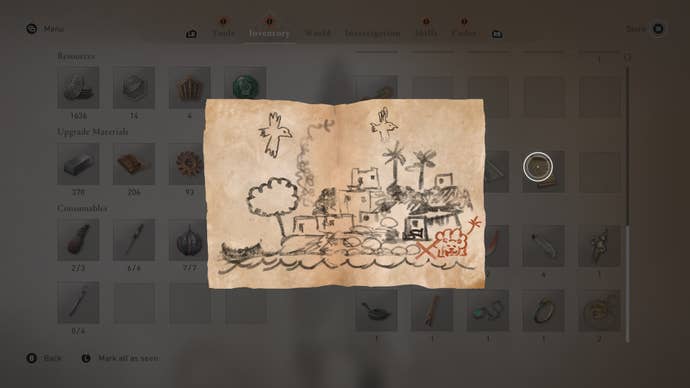 An enigma clue that shows a drawing of a small village by the water in Assassin’s Creed Mirage