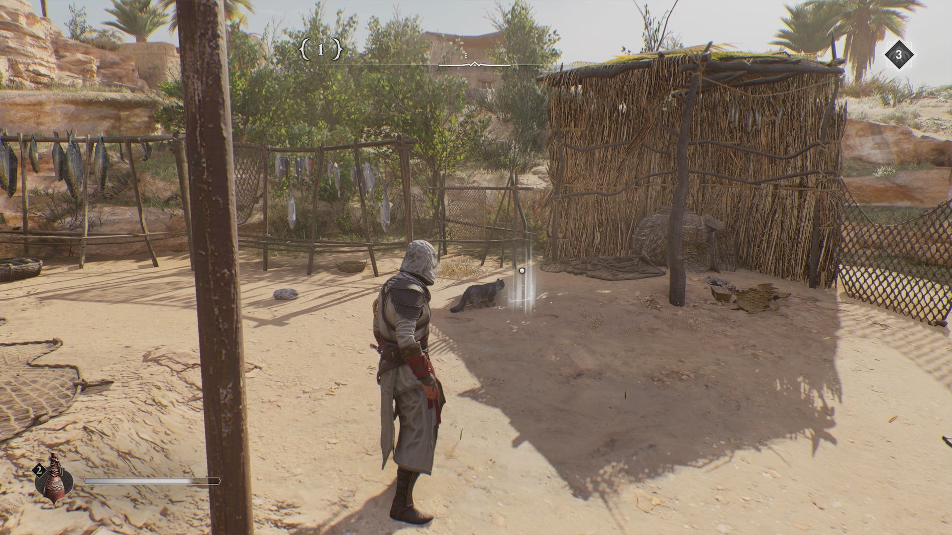 Basim faces a cat who is by an enigma treasure in the Abandoned Village of Assassin&rsquo;s Creed Mirage