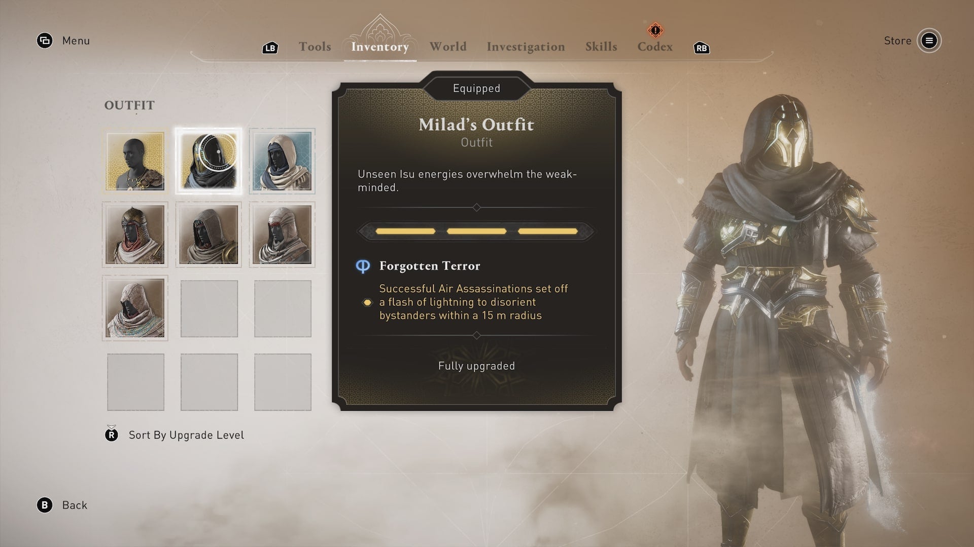 Basim wears the Milad&rsquo;s outfit in the inventory menu in Assassin&rsquo;s Creed Mirage
