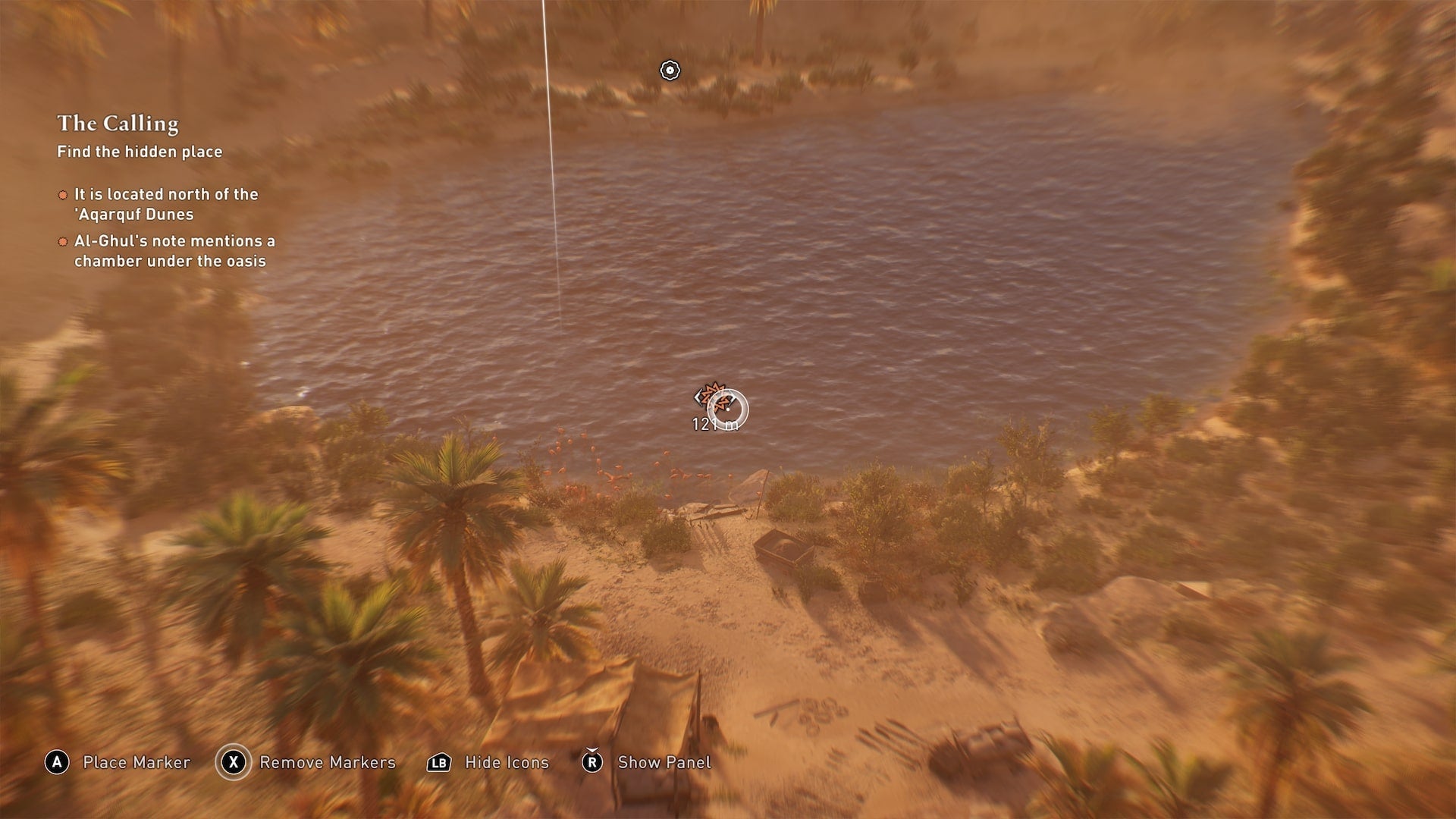 A quest marker is shown in a middle of a lake, as spotted by Enkidu in Assassin&rsquo;s Creed Mirage