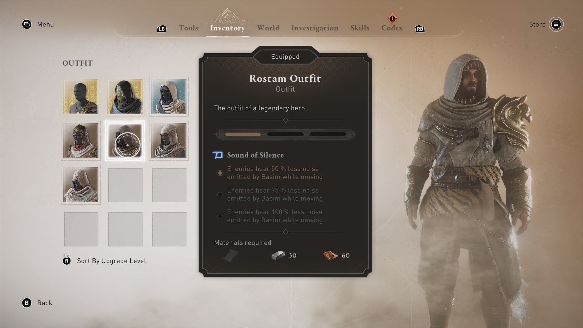 Basim wears the Rostam outfit in the inventory menu in Assassin&rsquo;s Creed Mirage