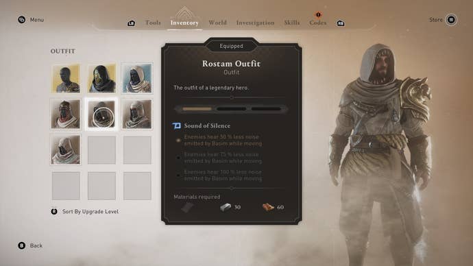 Basim wears the Rostam outfit in the inventory menu in Assassin’s Creed Mirage