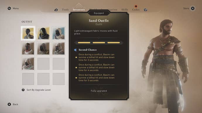 Basim wears the Sand outfit in the inventory menu in Assassin’s Creed Mirage