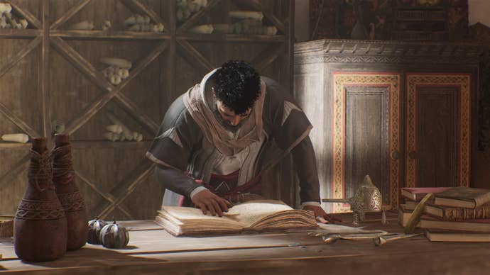 An NPC reads a book on a desk in one of the Hidden Ones Bureaus in Assassin’s Creed Mirage