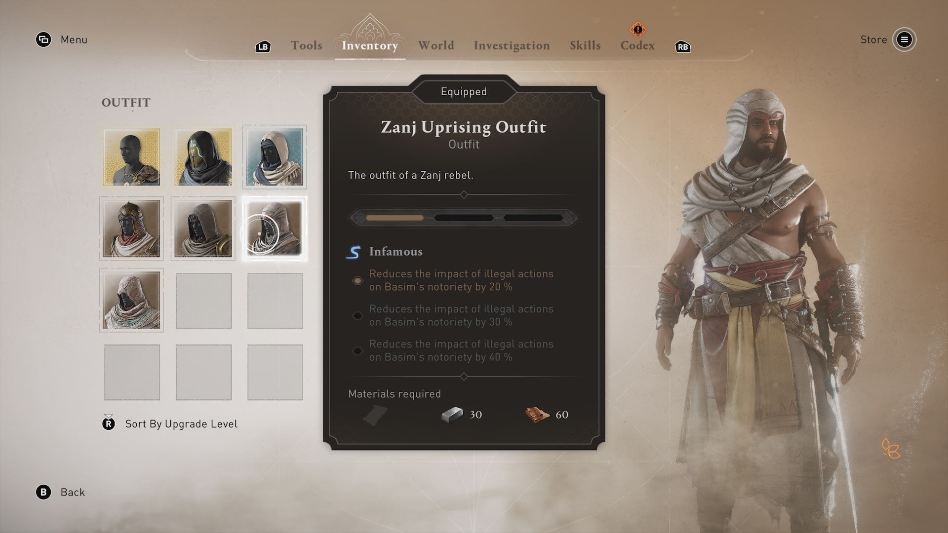 Basim wears the Zanj Uprising outfit in the inventory menu in Assassin&rsquo;s Creed Mirage