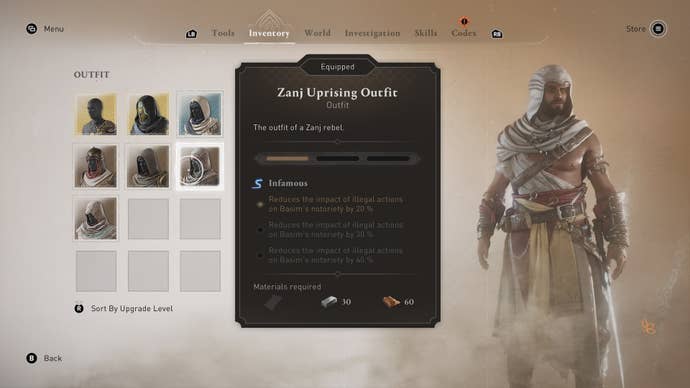 Basim wears the Zanj Uprising outfit in the inventory menu in Assassin’s Creed Mirage
