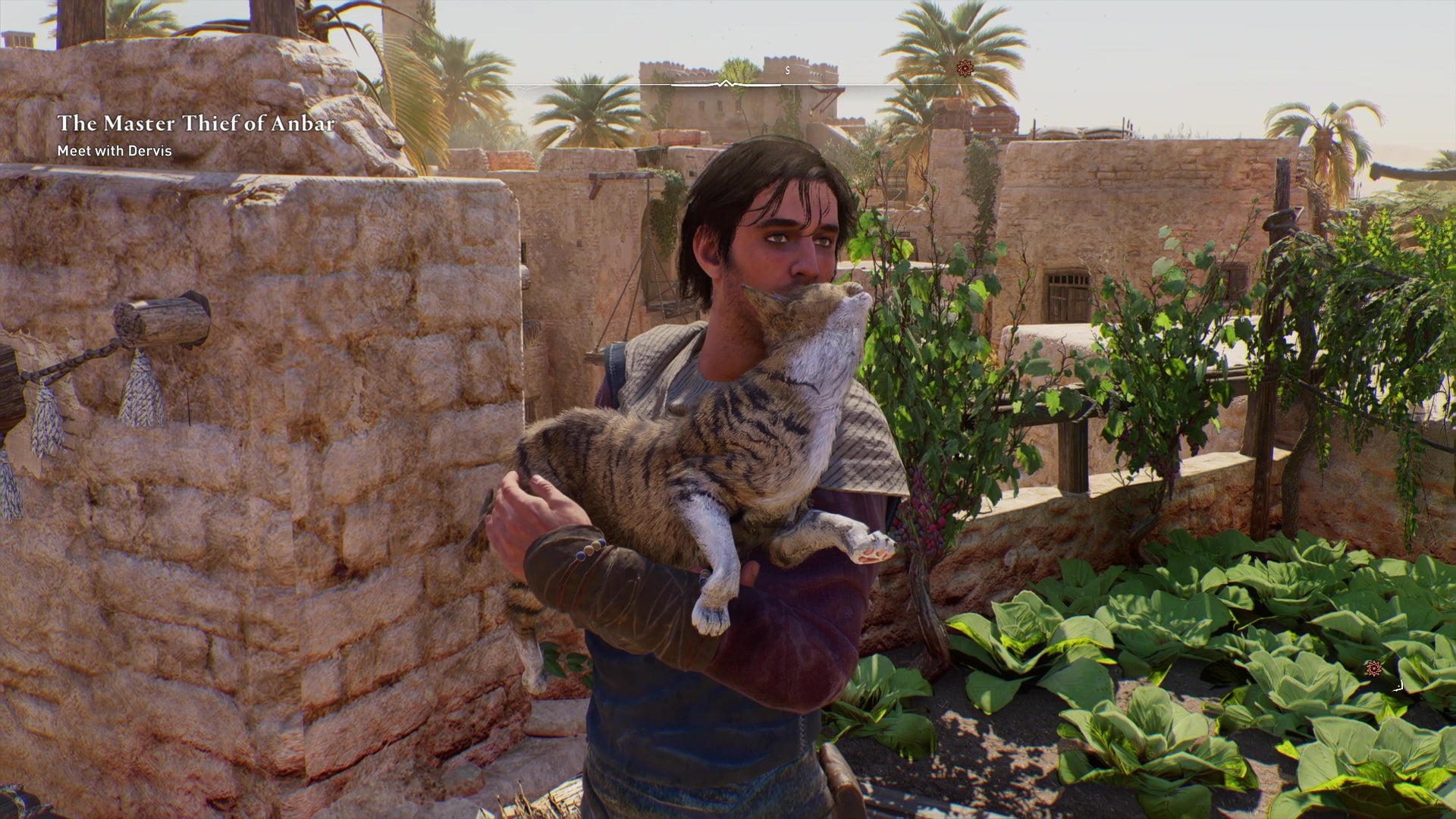 A young Basim holds a large cat in Assassin&rsquo;s Creed Mirage