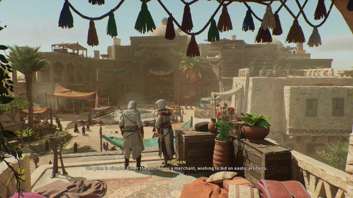 Two assassins talk in front of a large auction house in Assassin’s Creed Mirage