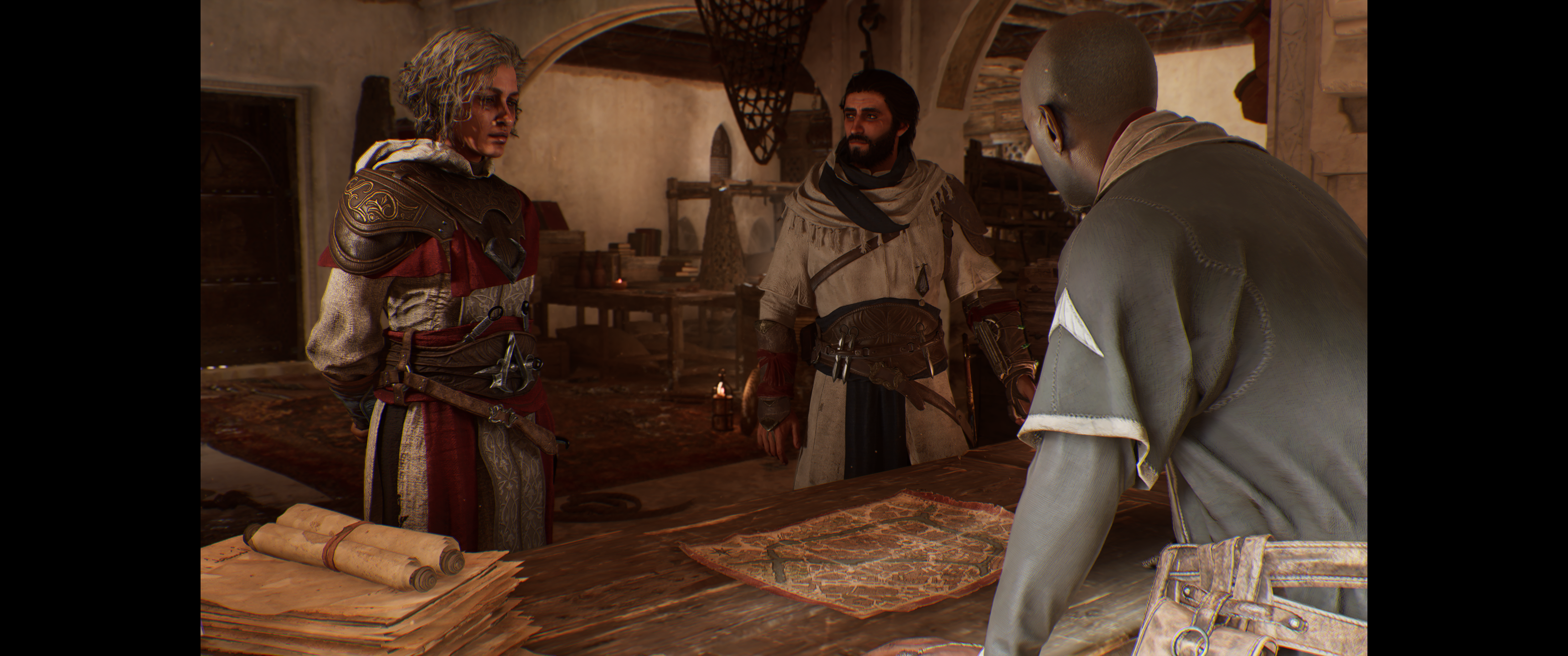 An Assassin&rsquo;s Creed Mirage cutscene in ultrawide resolution, showing vertical black bars.