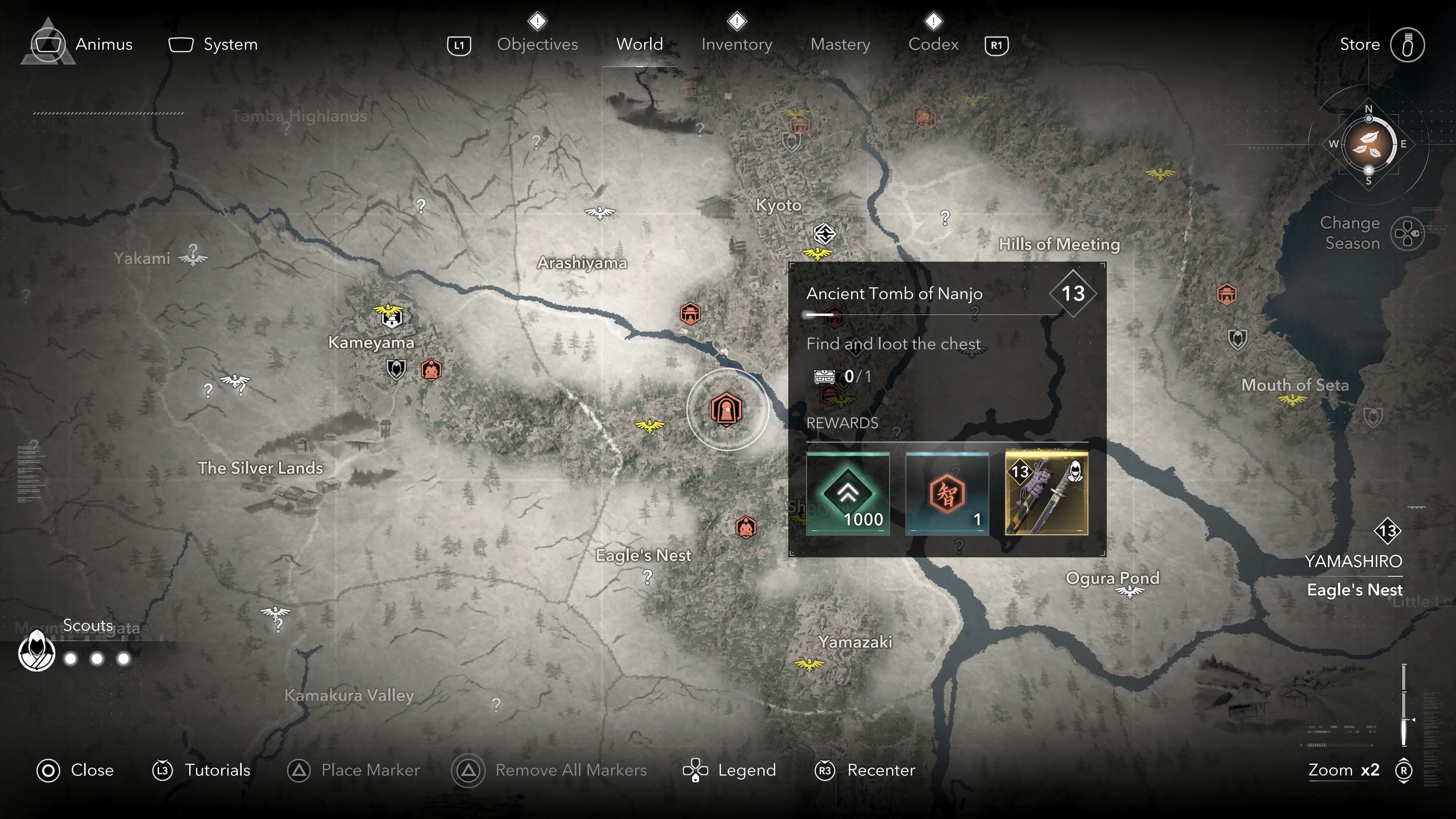 Map view of the Ancient Tomb of Nanjo Kofun location in Assassin&rsquo;s Creed Shadows.