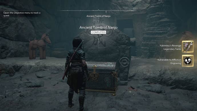 The rewards in the Legendary Chest found inside the Ancient Tomb of Nanjo Kofun in Assassin’s Creed Shadows.
