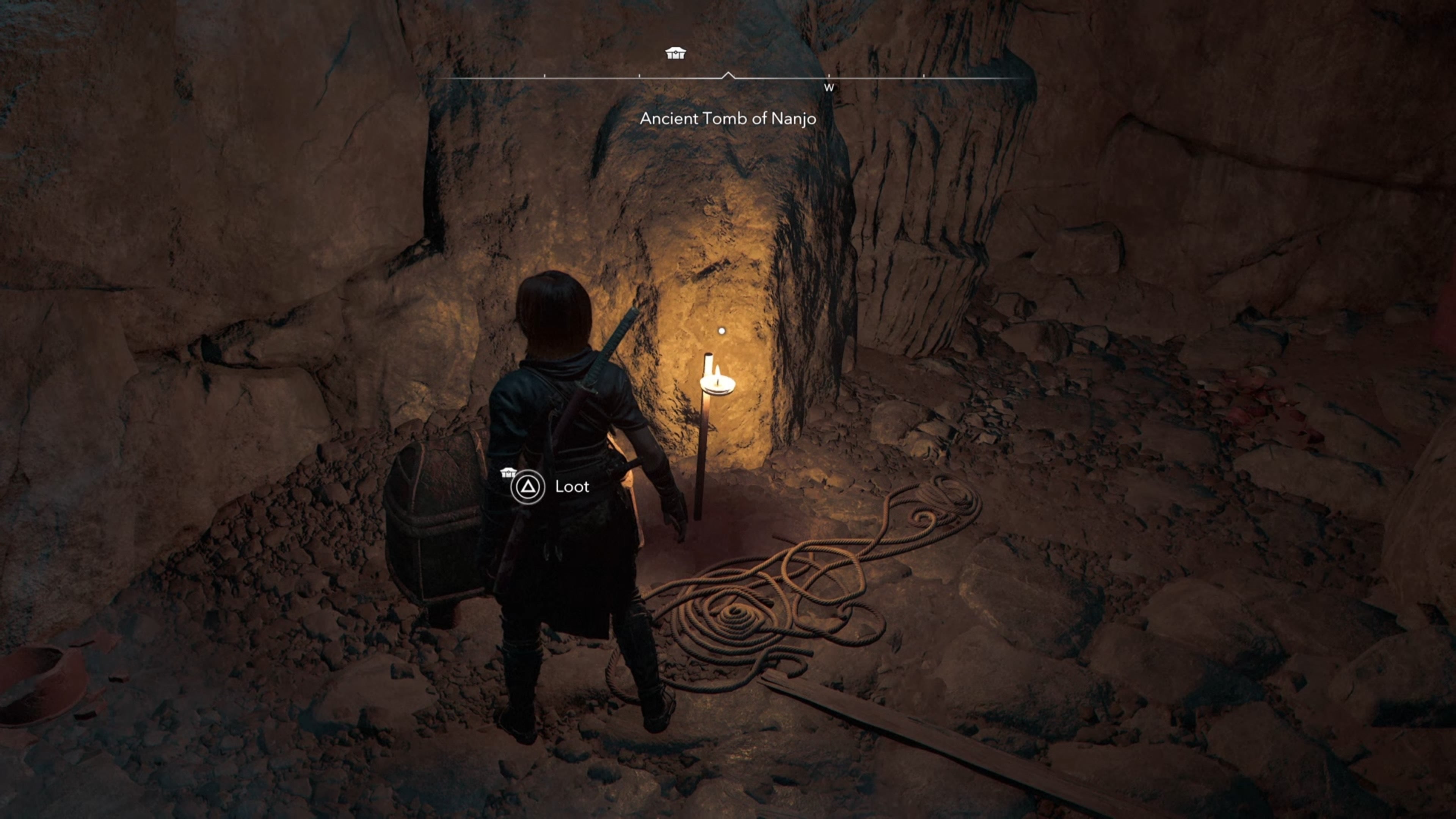 Naoe in a cave in Assassin&rsquo;s Creed Shadows.