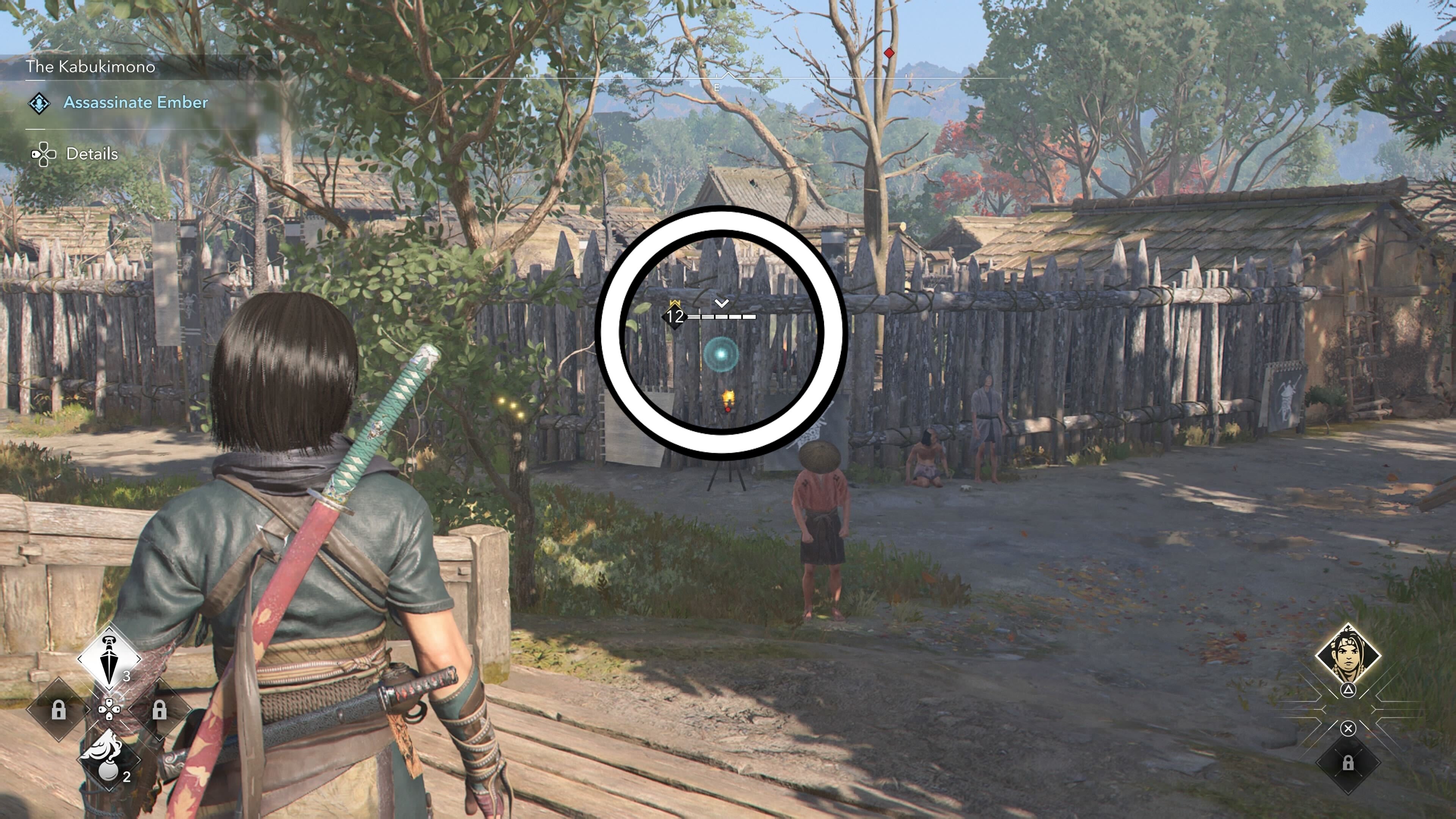 Circle showing Ember&rsquo;s location behind a wooden fence in Assassin&rsquo;s Creed Shadows.