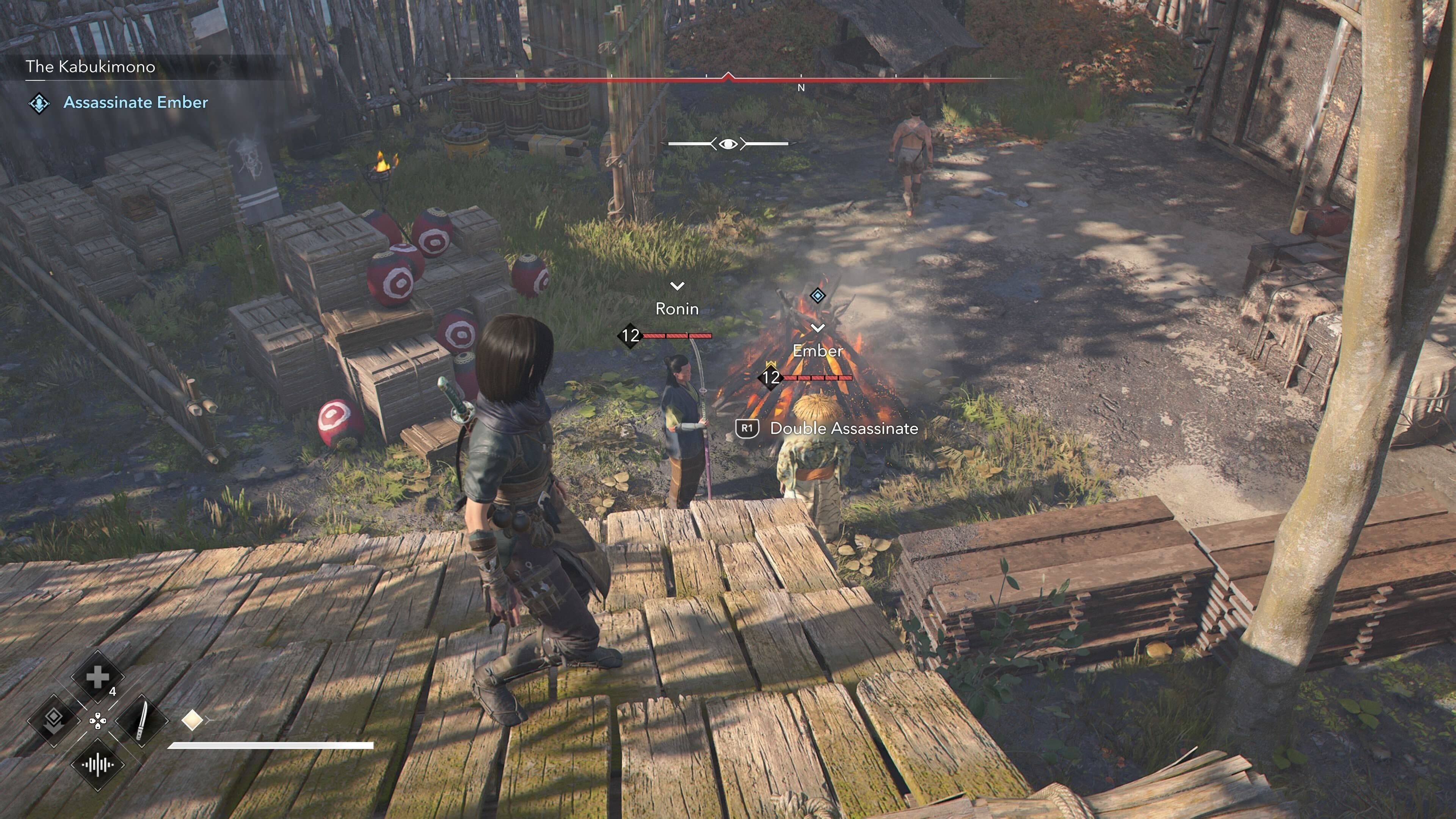 Naoe looking down at Ember and another enemy in Assassin&rsquo;s Creed Shadows.