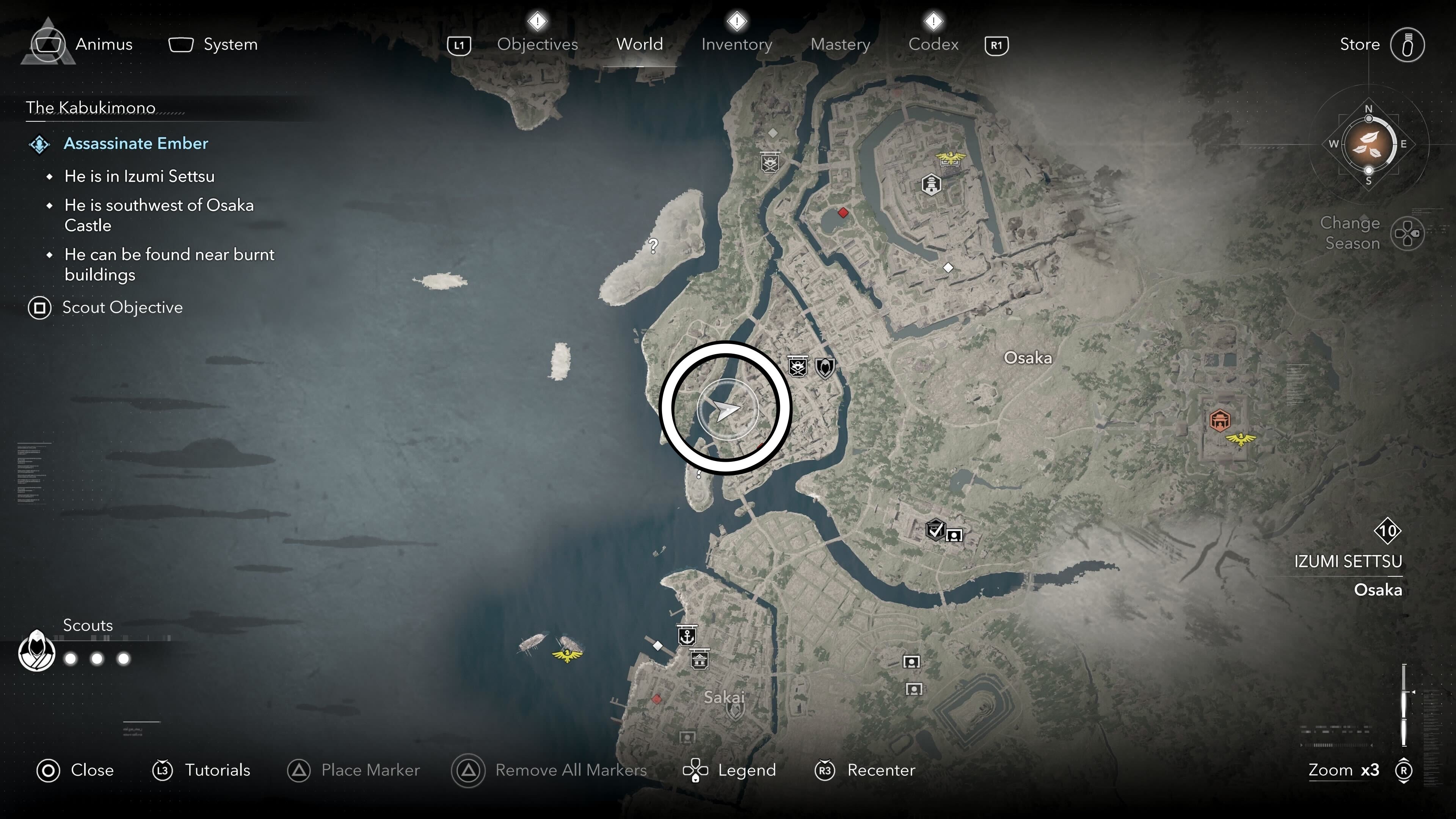 Circled map view of Ember&rsquo;s location in Assassin&rsquo;s Creed Shadows.