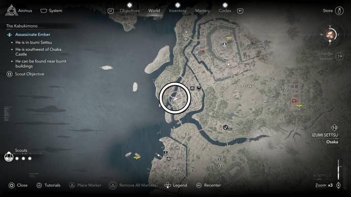 Circled map view of Ember’s location in Assassin’s Creed Shadows.