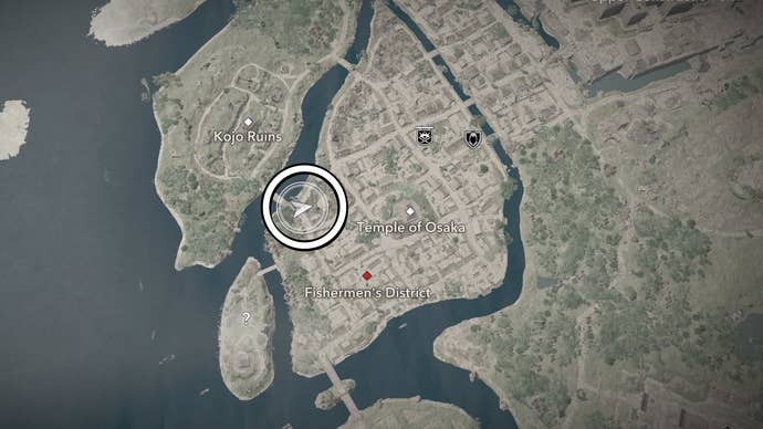 Circled map view of Ember’s location in Assassin’s Creed Shadows.