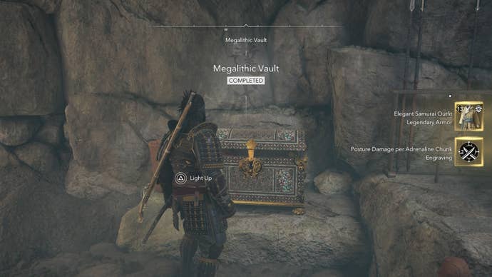 Yasuke opening the Legendary Chest inside of the Megalithic Vault Kofun in Assassin’s Creed Shadows.