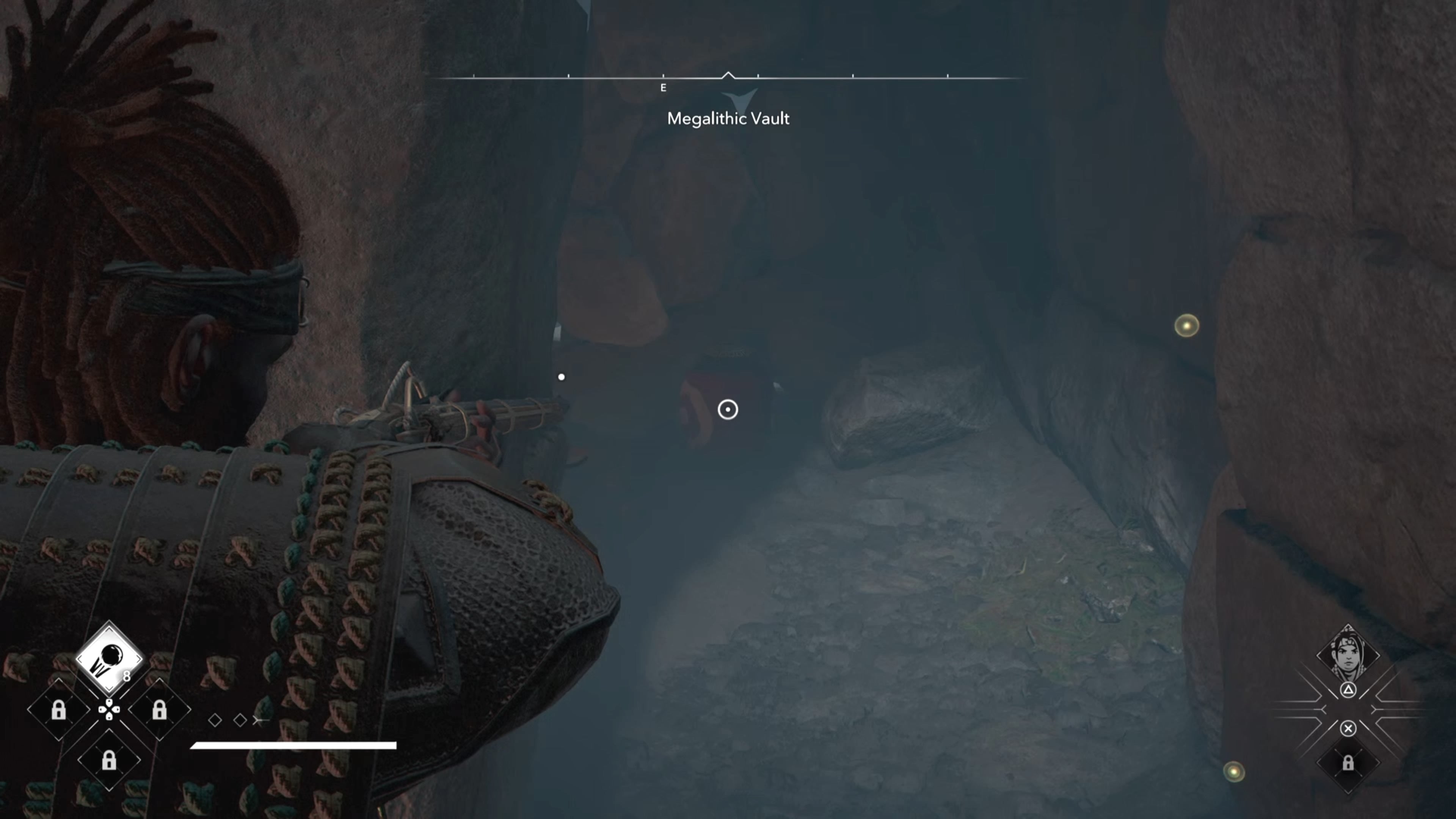 Yasuke aiming his Teppo at a red jar inside the Megalithic Vault Kofun in Assassin&rsquo;s Creed Shadows.