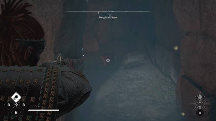 Yasuke aiming his Teppo at a red jar inside the Megalithic Vault Kofun in Assassin’s Creed Shadows.
