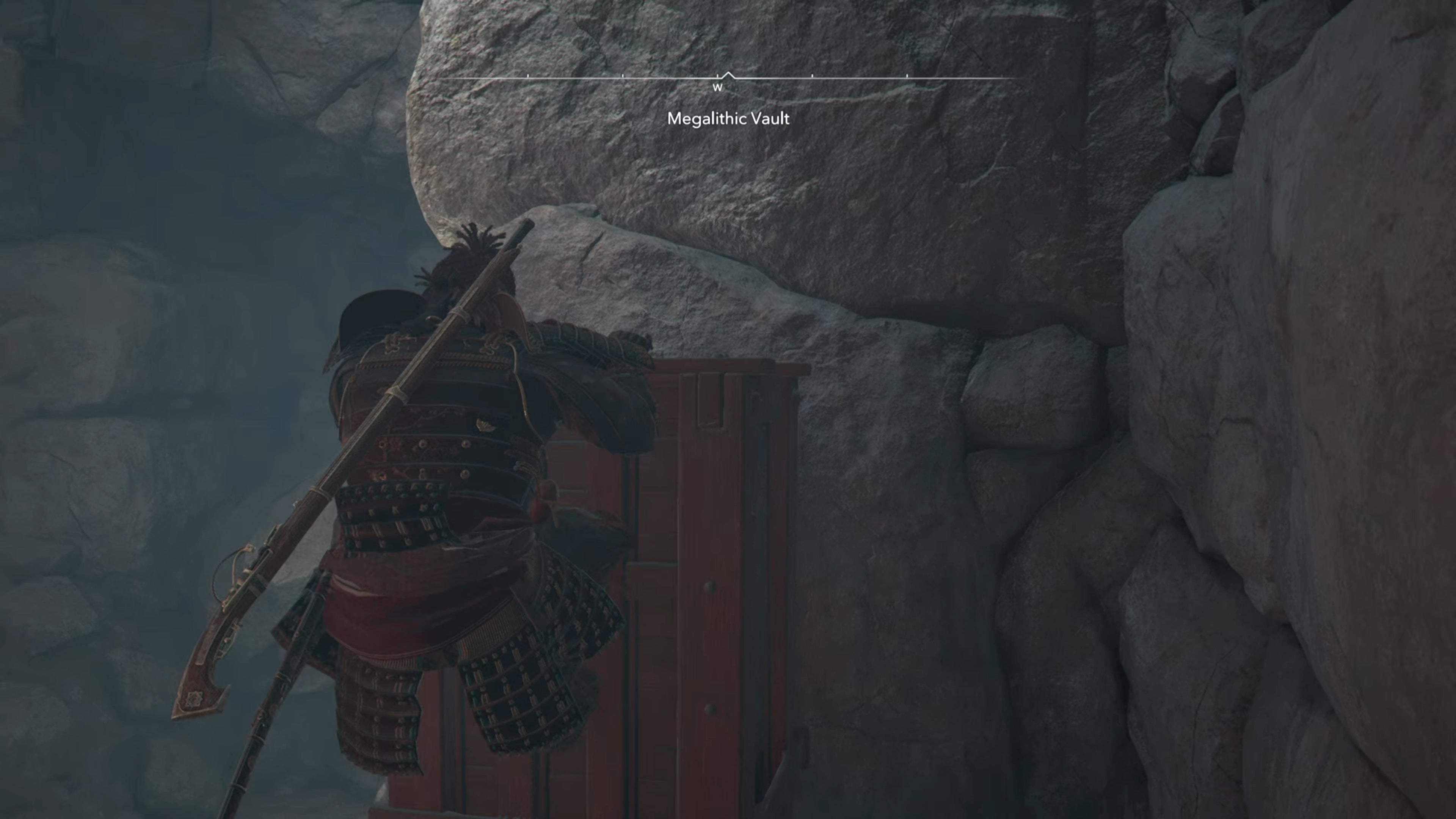 Yasuke climbing a wooden block inside the Megalithic Vault Kofun in Assassin&rsquo;s Creed Shadows.
