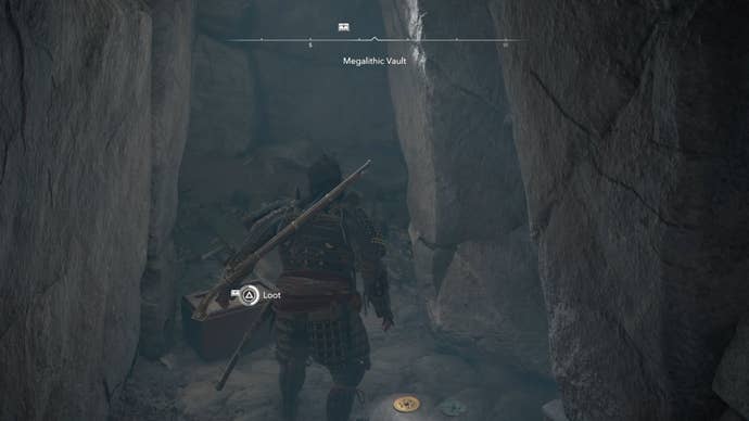 Yasuke in front of a chest the Megalithic Vault Kofun in Assassin’s Creed Shadows.