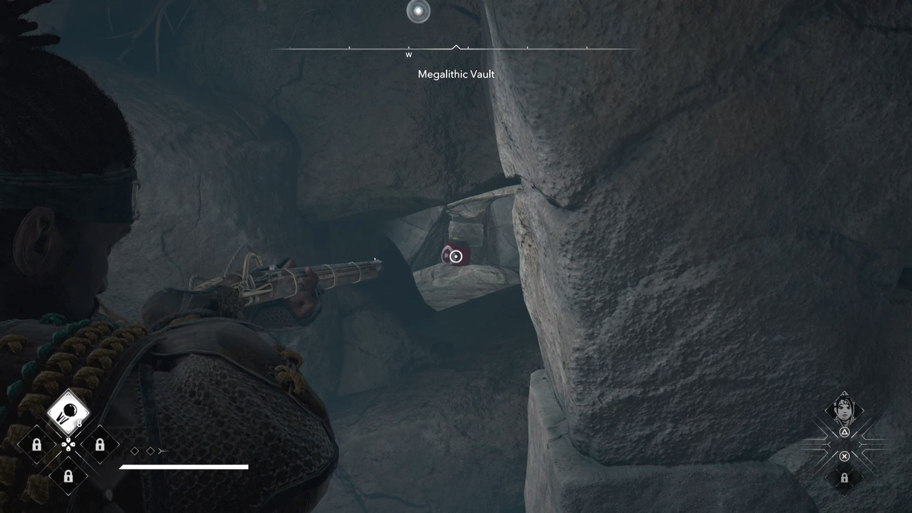 Yasuke aiming his Teppo at a red jar inside the Megalithic Vault Kofun in Assassin&rsquo;s Creed Shadows.