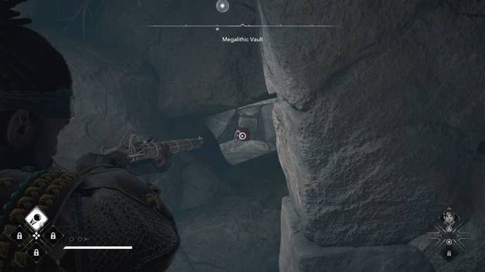 Yasuke aiming his Teppo at a red jar inside the Megalithic Vault Kofun in Assassin’s Creed Shadows.