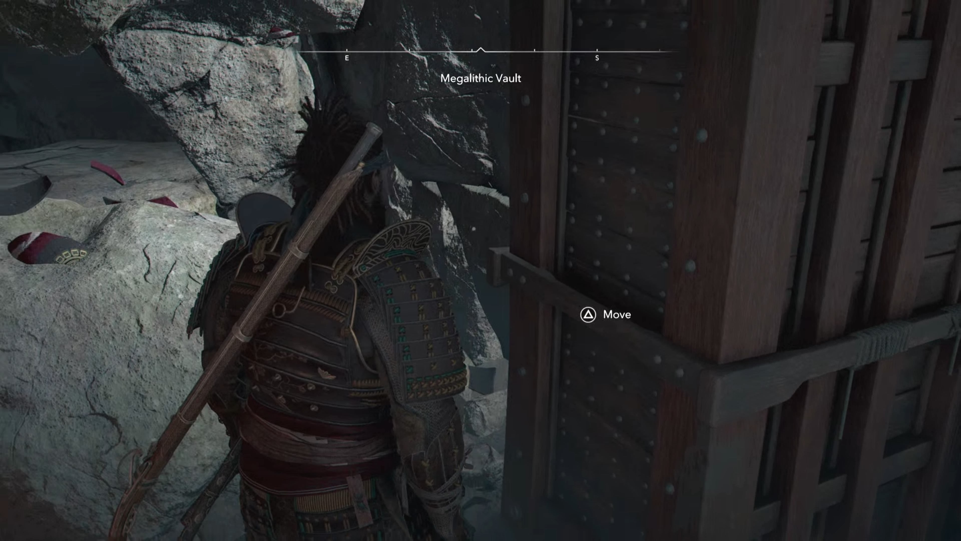 Yasuke pushing a block inside the Megalithic Vault Kofun in Assassin&rsquo;s Creed Shadows.