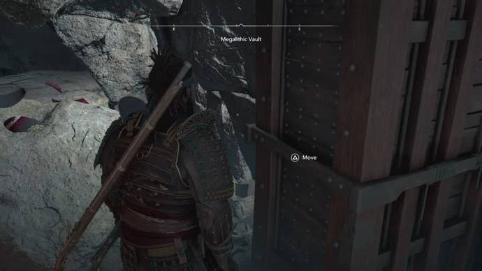 Yasuke pushing a block inside the Megalithic Vault Kofun in Assassin’s Creed Shadows.
