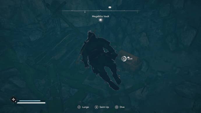 Yasuke looking at an underwater chest inside the Megalithic Vault Kofun in Assassin’s Creed Shadows.