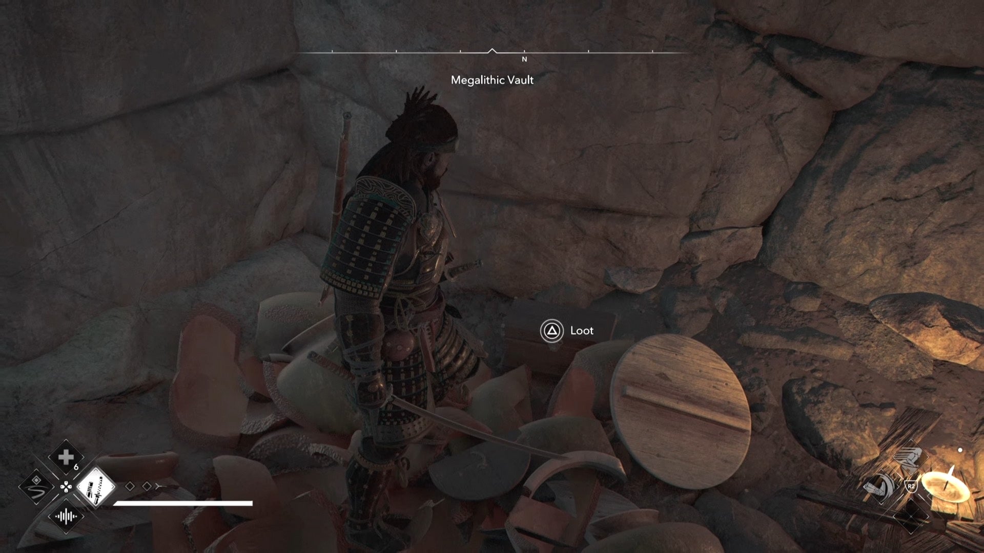 Yasuke looking at a chest inside the Megalithic Vault Kofun in Assassin&rsquo;s Creed Shadows.