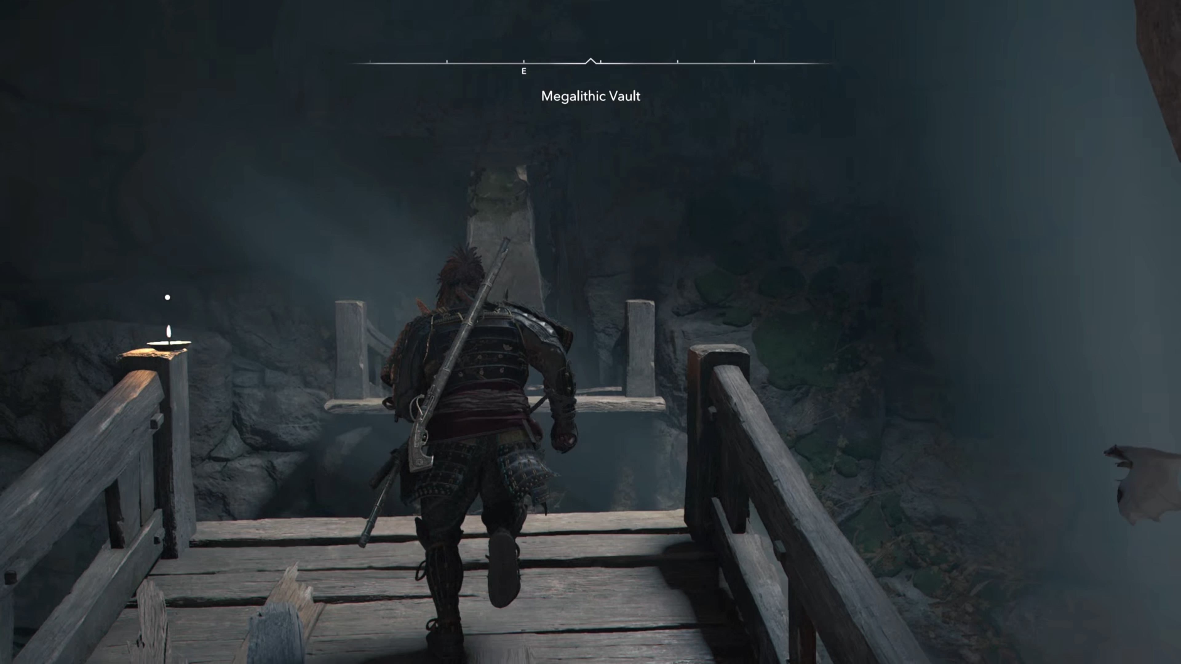 Yasuke running across a broken wooden bridge inside the Megalithic Vault Kofun in Assassin&rsquo;s Creed Shadows.