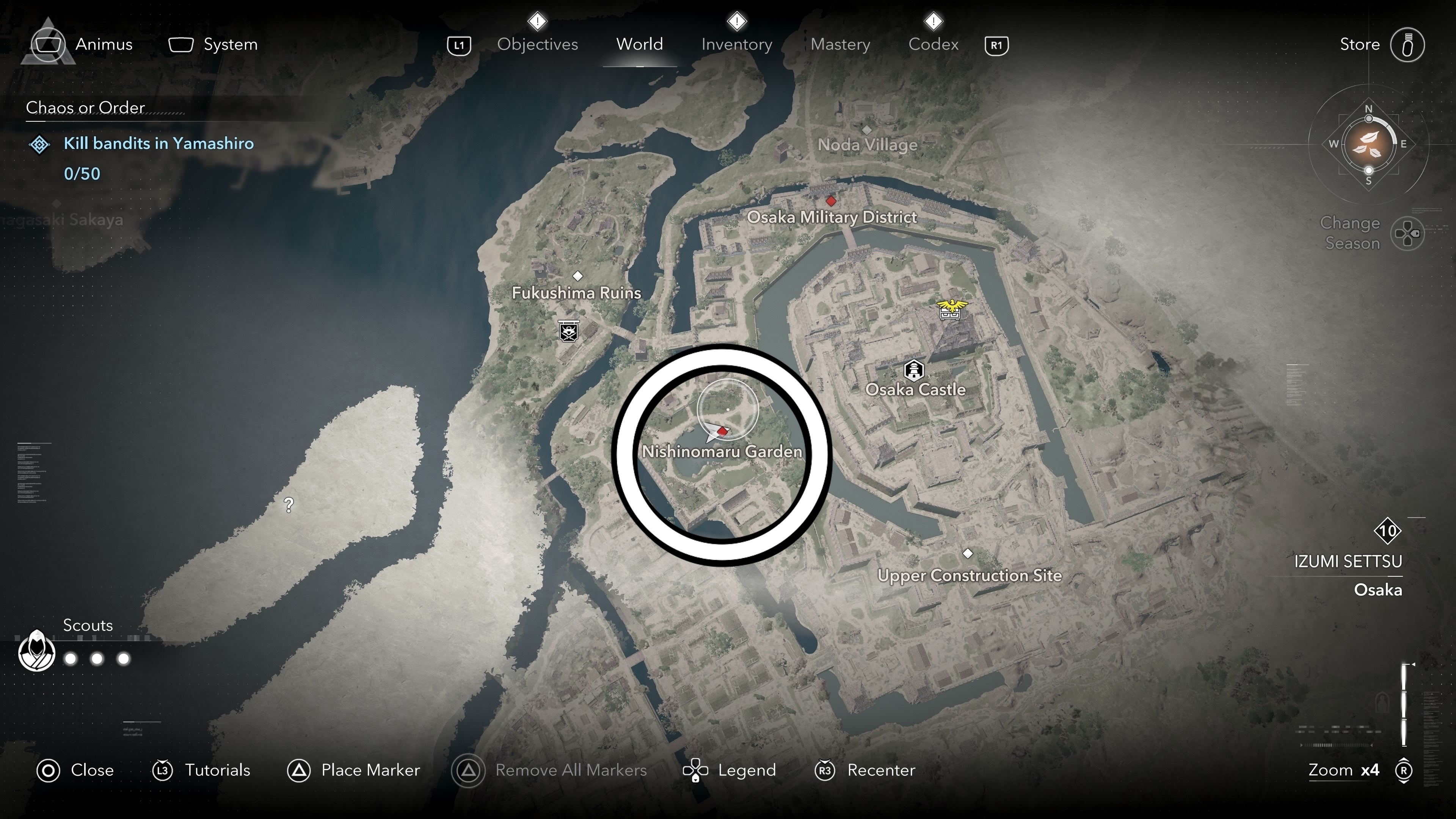 Circled map view of Nishinomaru Garden in Assassin&rsquo;s Creed Shadows.