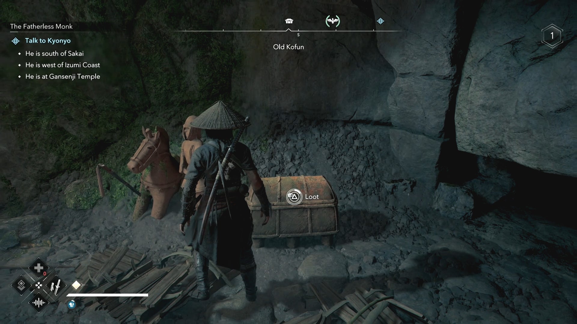 Naoe looting a chest inside the Old Kofun in Assassin&rsquo;s Creed Shadows.