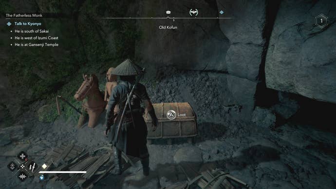 Naoe looting a chest inside the Old Kofun in Assassin’s Creed Shadows.