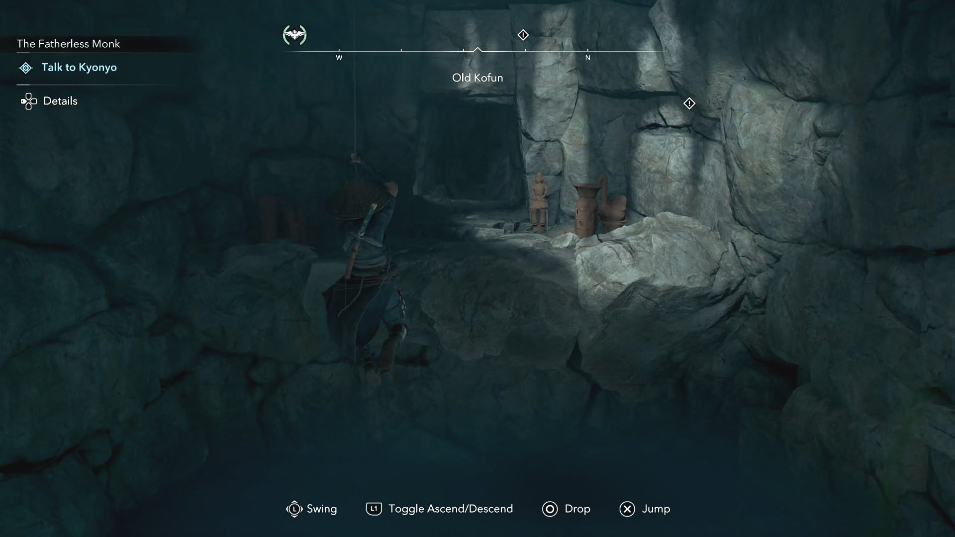Naoe swinging across a chasm inside the Old Kofun in Assassin&rsquo;s Creed Shadows.