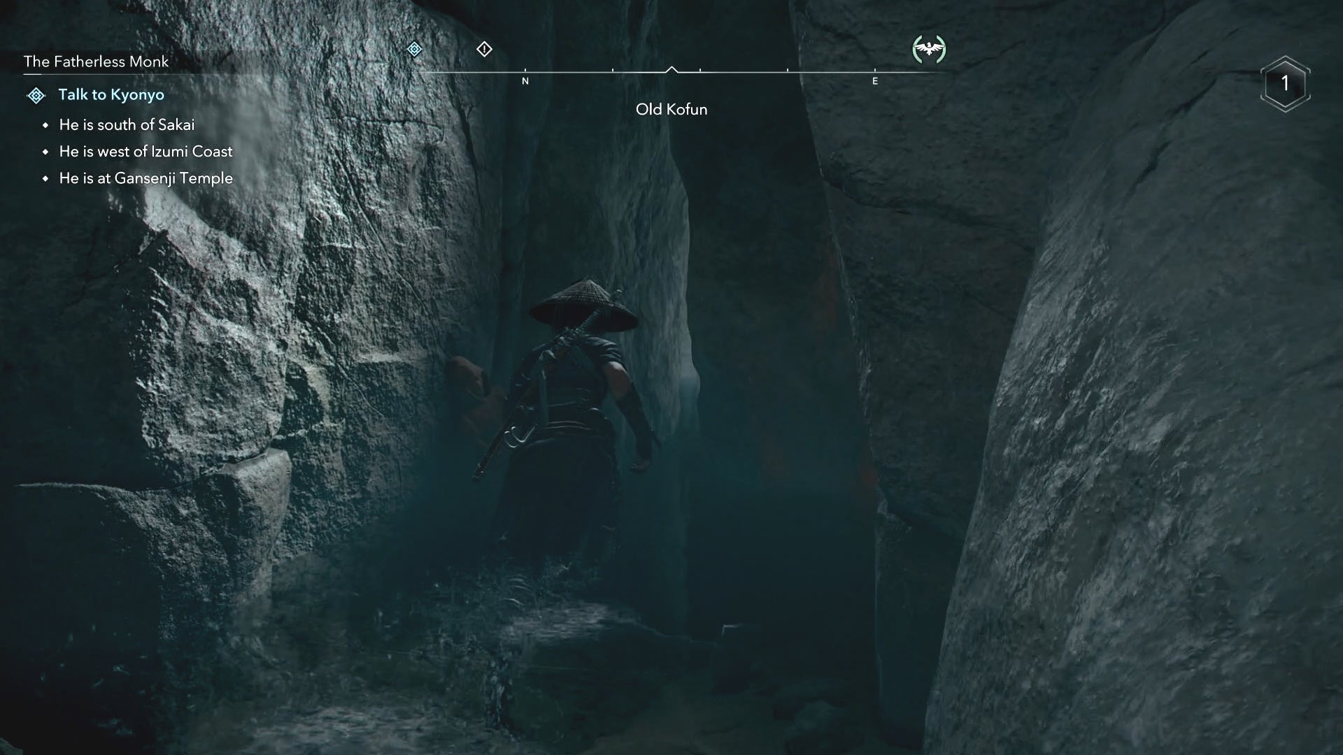 Naoe looking at a narrow gap in the wall inside the Old Kofun in Assassin&rsquo;s Creed Shadows.