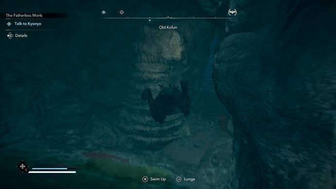 Naoe swimming underwater inside the Old Kofun in Assassin’s Creed Shadows.