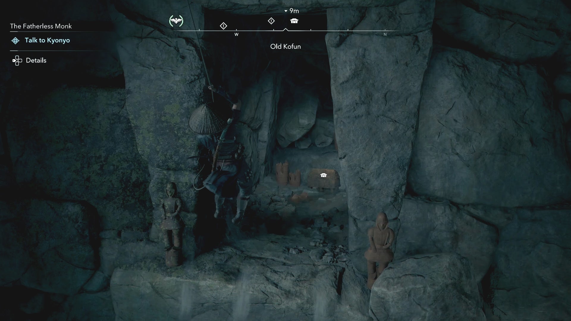 Naoe swinging across to a chest inside the Old Kofun in Assassin&rsquo;s Creed Shadows.