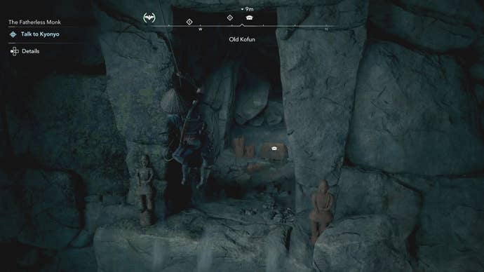 Naoe swinging across to a chest inside the Old Kofun in Assassin’s Creed Shadows.