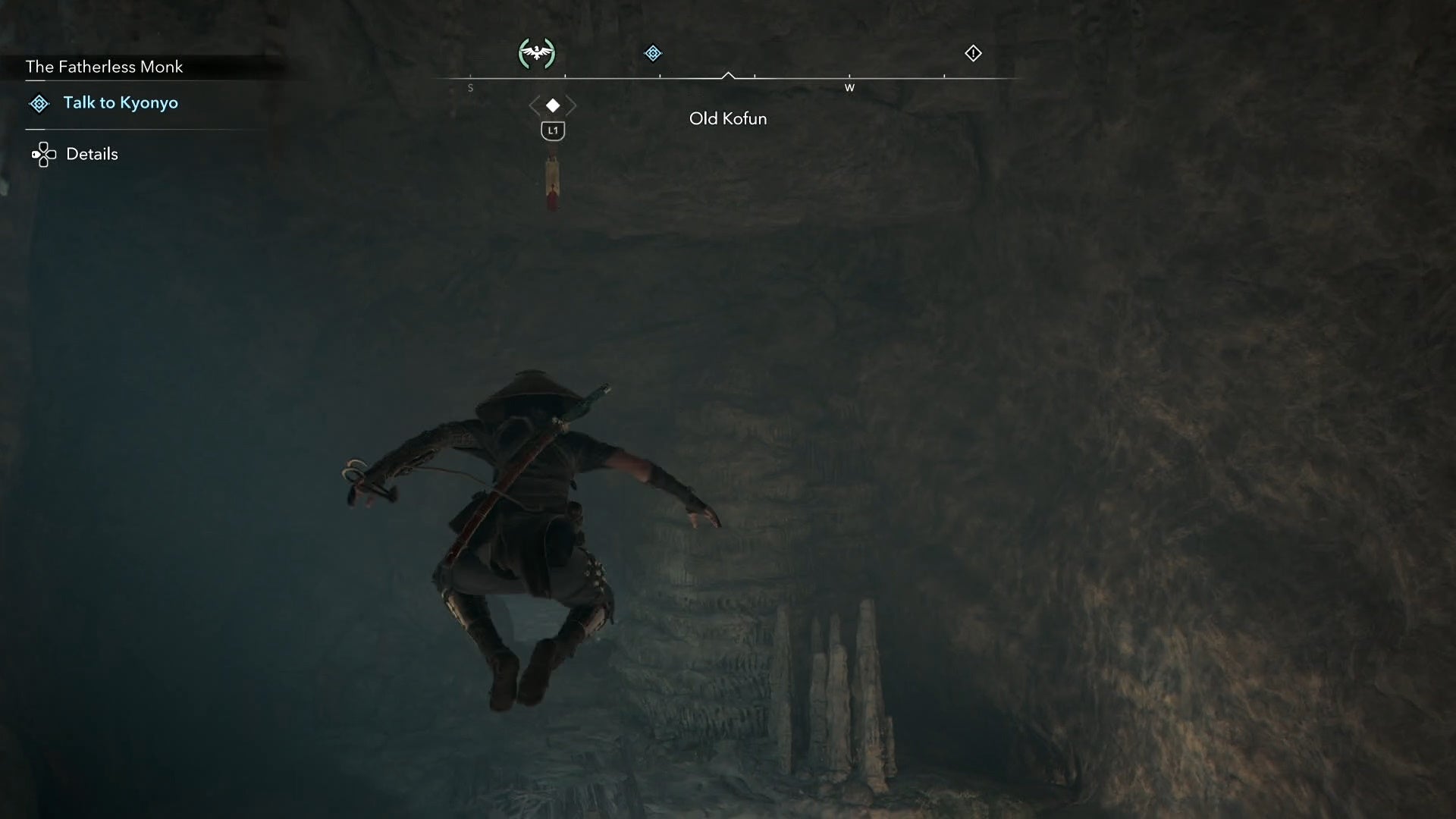 Naoe jumping across a chasm in the Old Kofun in Assassin&rsquo;s Creed Shadows.