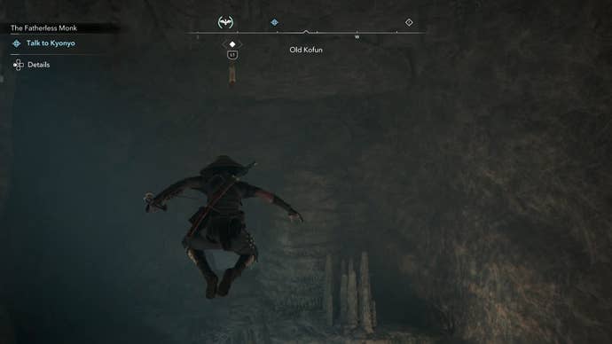 Naoe jumping across a chasm in the Old Kofun in Assassin’s Creed Shadows.